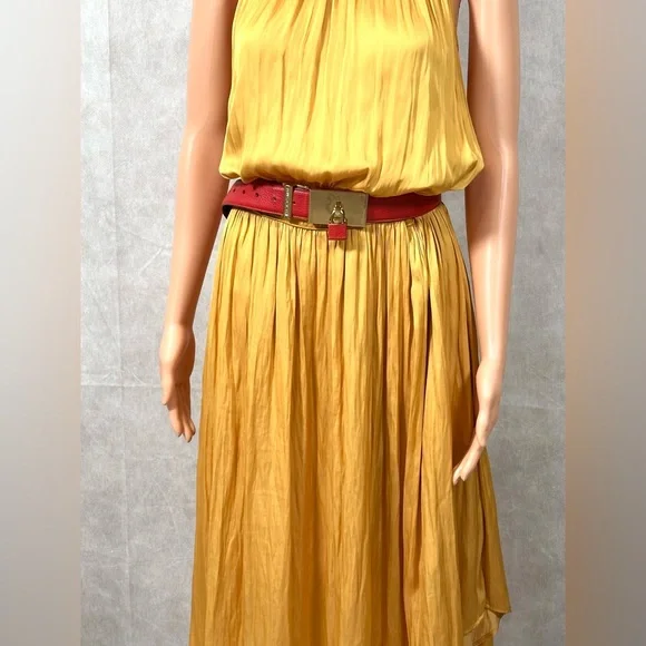 slim fit dress slacks Iconic Vintage 70's Halston Metallic Gold Silk Halter Dress